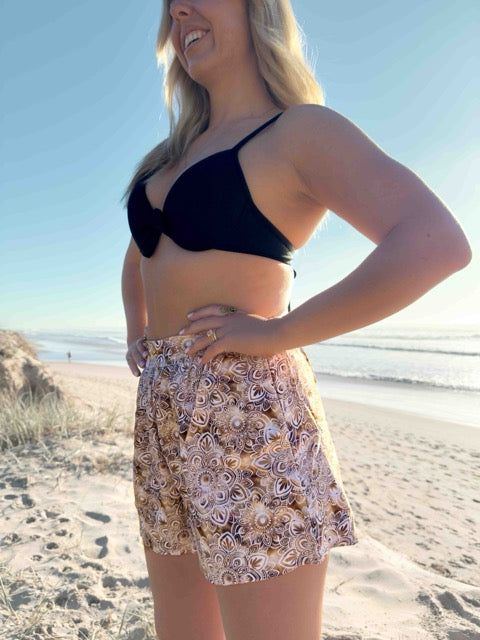 Linen Shorts - High Waisted Relaxed Pocket Shorts - Brown Watercolour Patterned Mandala Print