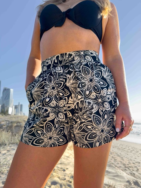 Linen Shorts - High Waisted Relaxed Pocket Shorts - Black with Beige Mandala Pattern