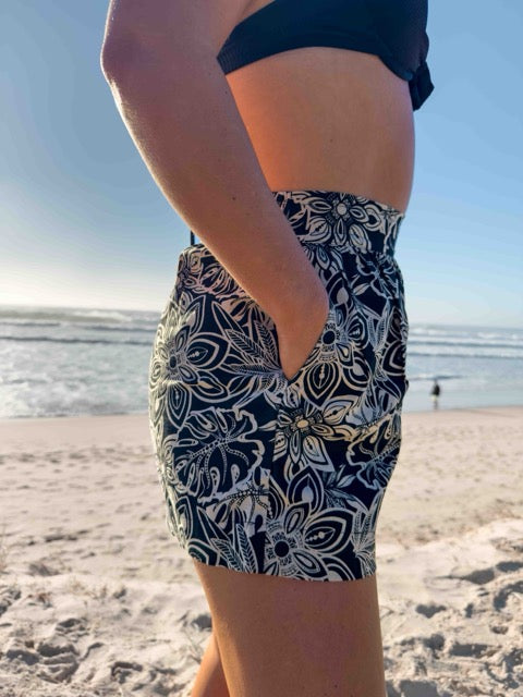 Linen Shorts - High Waisted Relaxed Pocket Shorts - Black with Beige Mandala Pattern