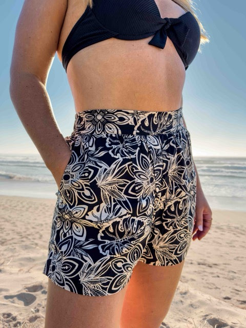 Linen Shorts - High Waisted Relaxed Pocket Shorts - Black with Beige Mandala Pattern