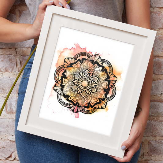 Summer Mandala Wall Art – Pink and Orange Watercolour Print with Geometric Ink Drawing
