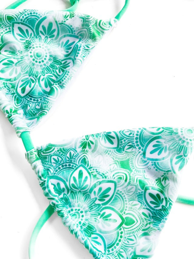 Reversible String Triangle Bikini Top –– Green Mandala Pattern & Plain Mint Green – view 8