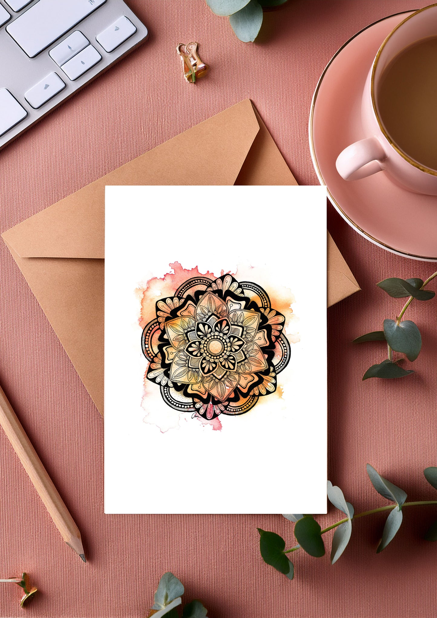 Summer Mandala Greeting Card – Pink and Orage Watercolour with Geometric Ink Drawing