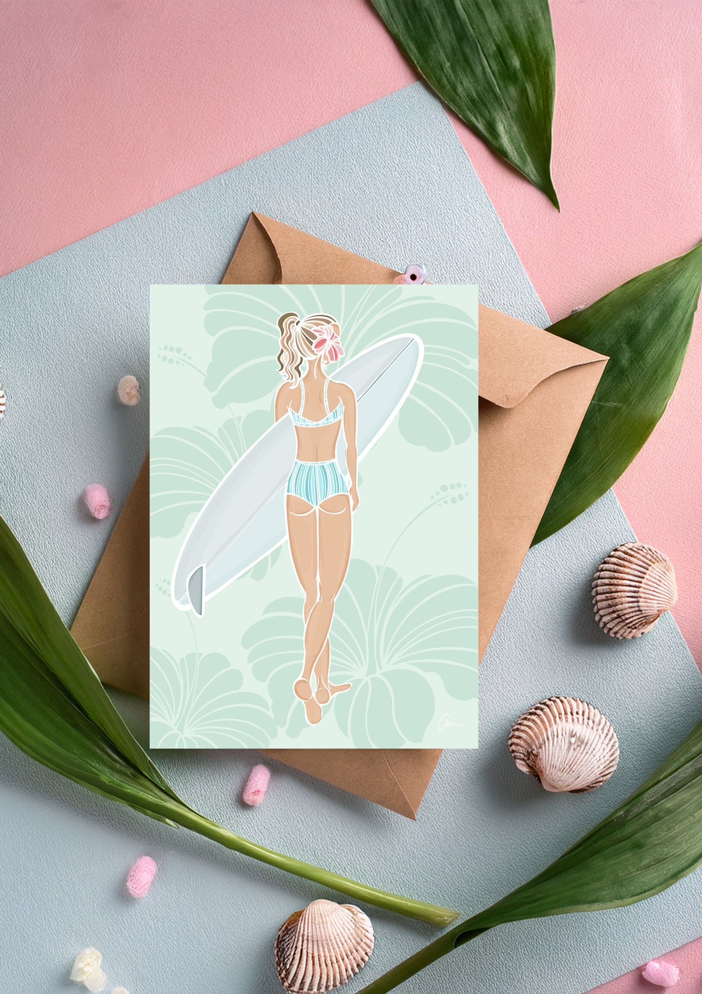 Surfer Girl Greeting Card – Tropical Hibiscus Surfer Chick Illustration