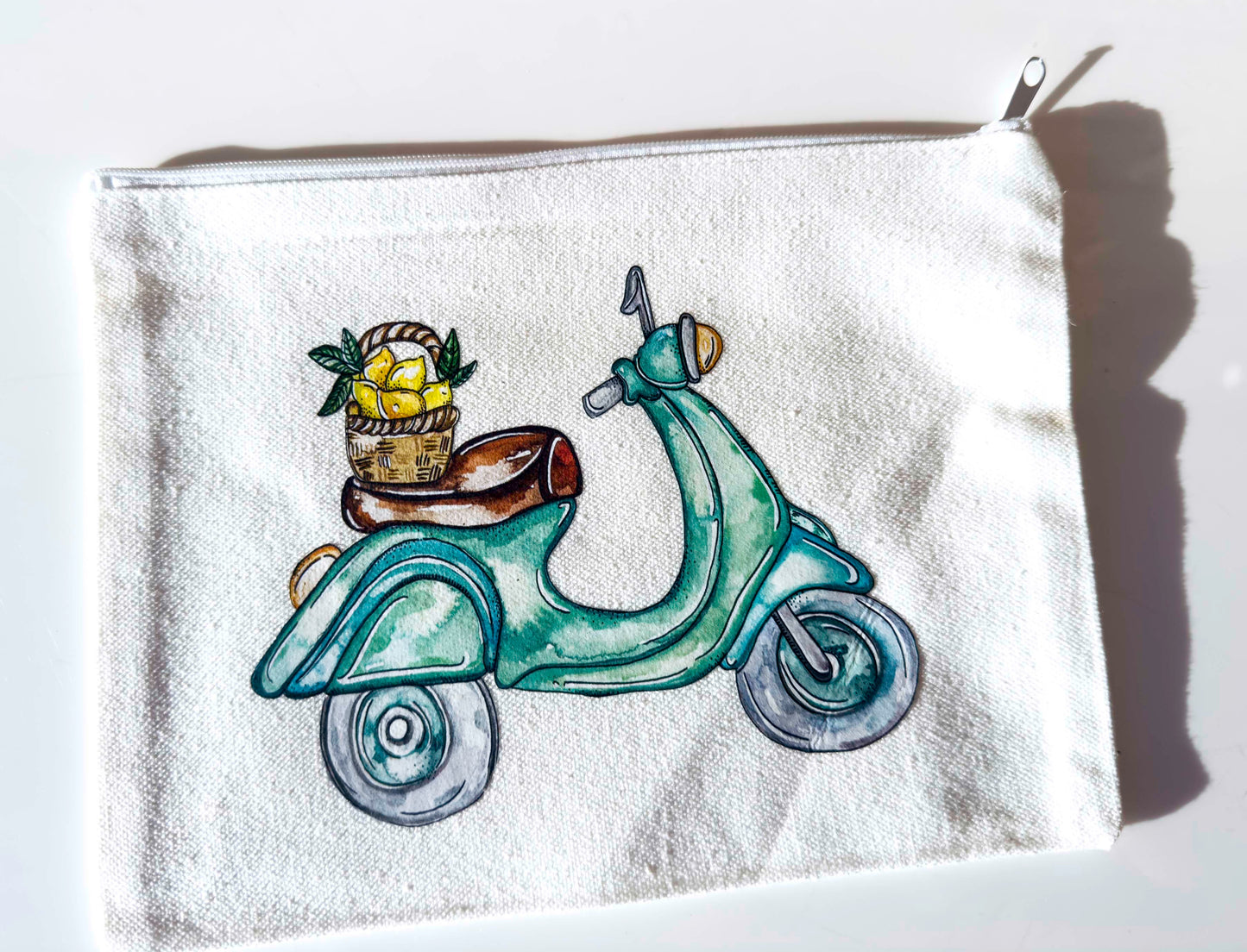 Vespa Bike Make-up Bag | Canvas Pouch with Artisan Watercolour Illustration – Art You Can Carry – framed