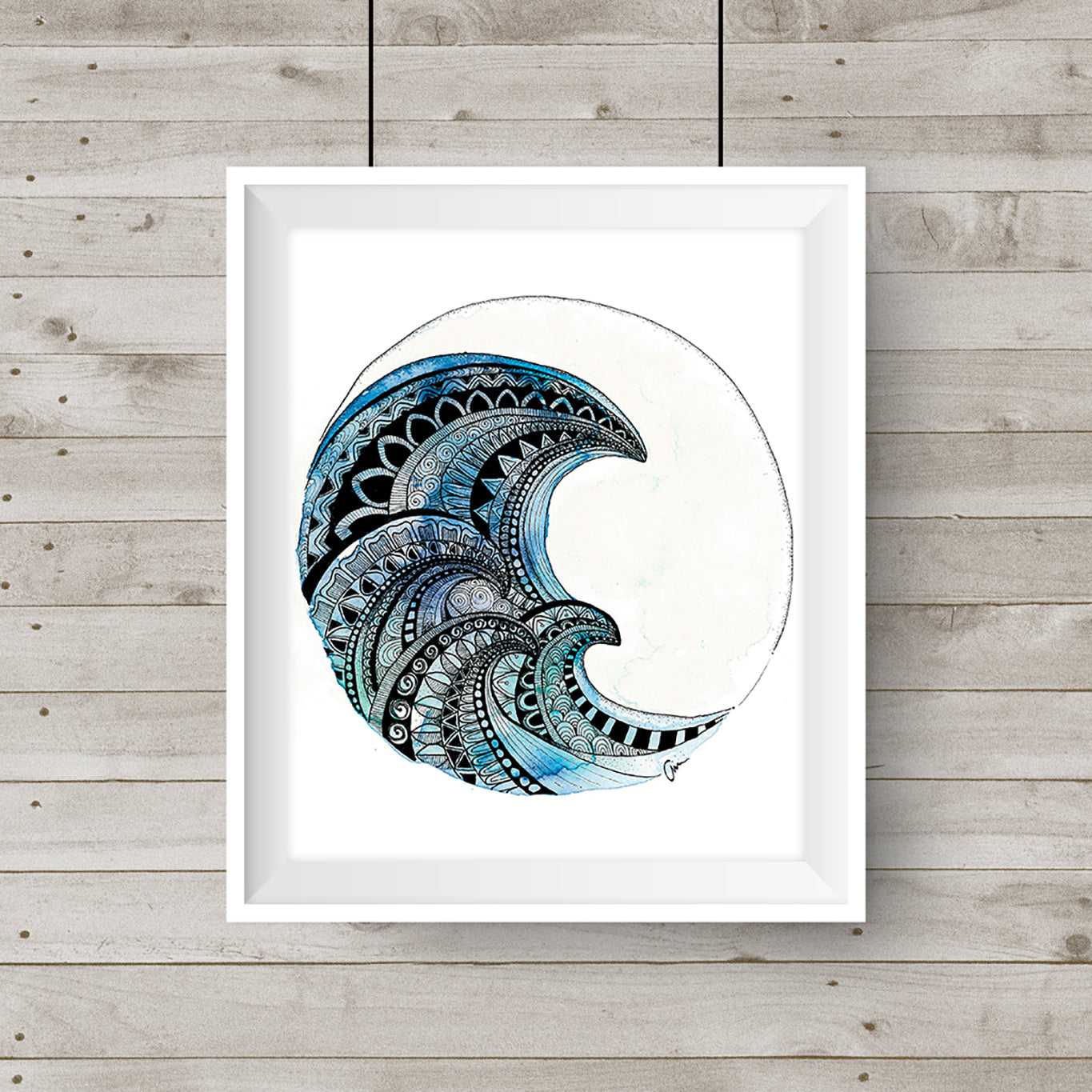 Mandala Wave Art Print – Hand-Painted surf Watercolour & Geometric Ink Illustration