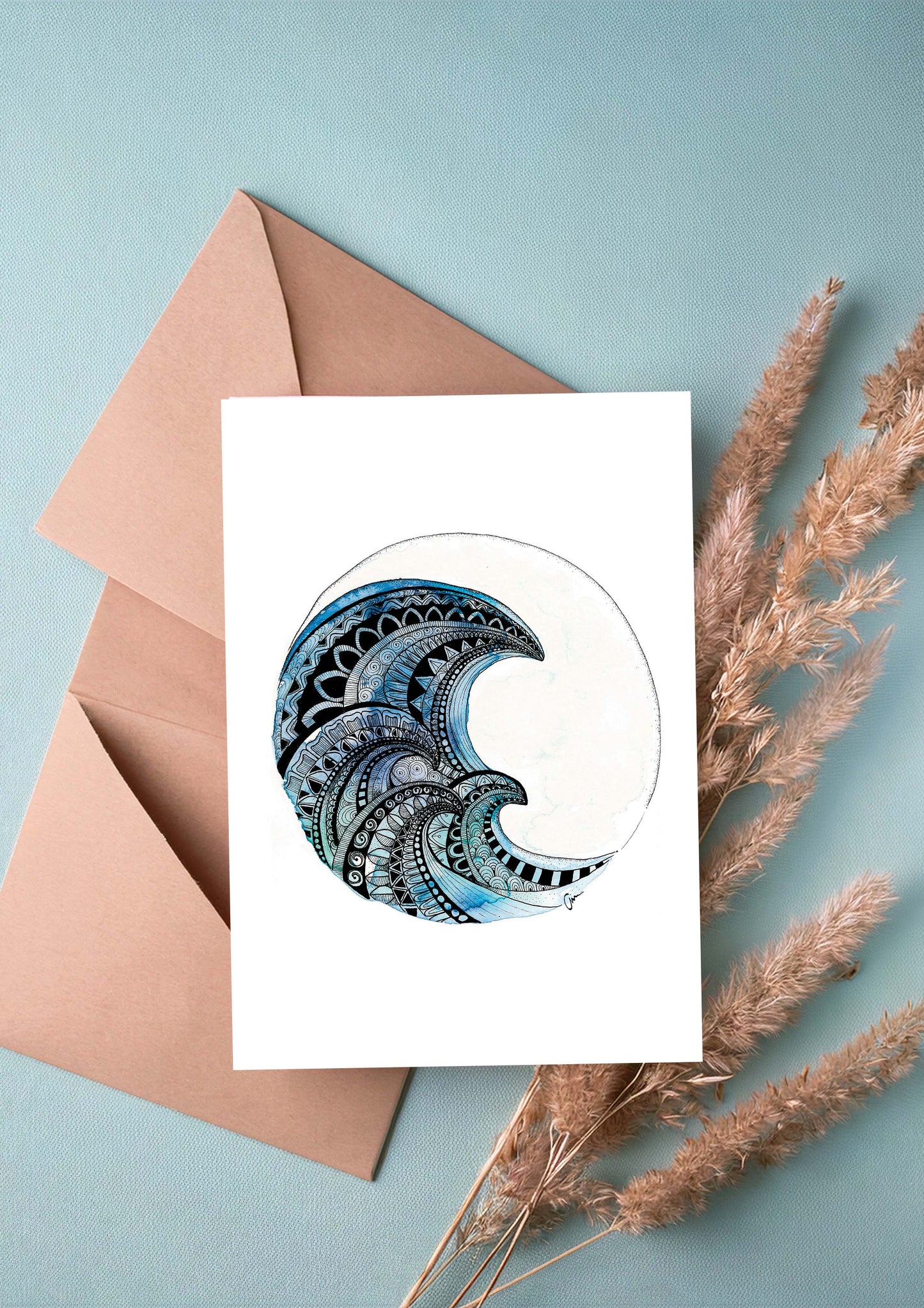 Wave Mandala Greeting Card – Watercolour & Ink Illustration