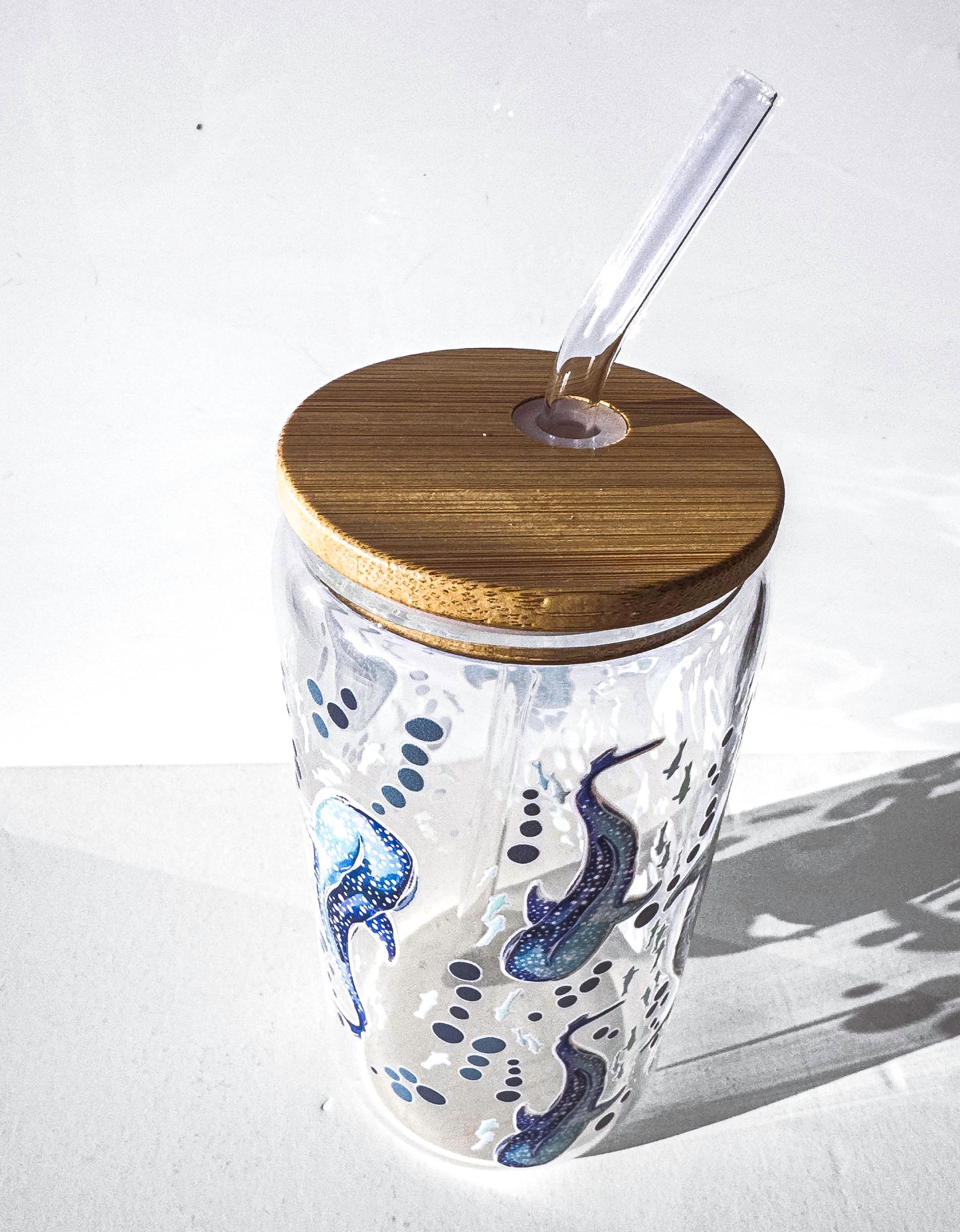 Whale Shark Glass Tumblers Drinking Cup with Lid - Hand Drawn Illustraion UV DTF stickers – full view