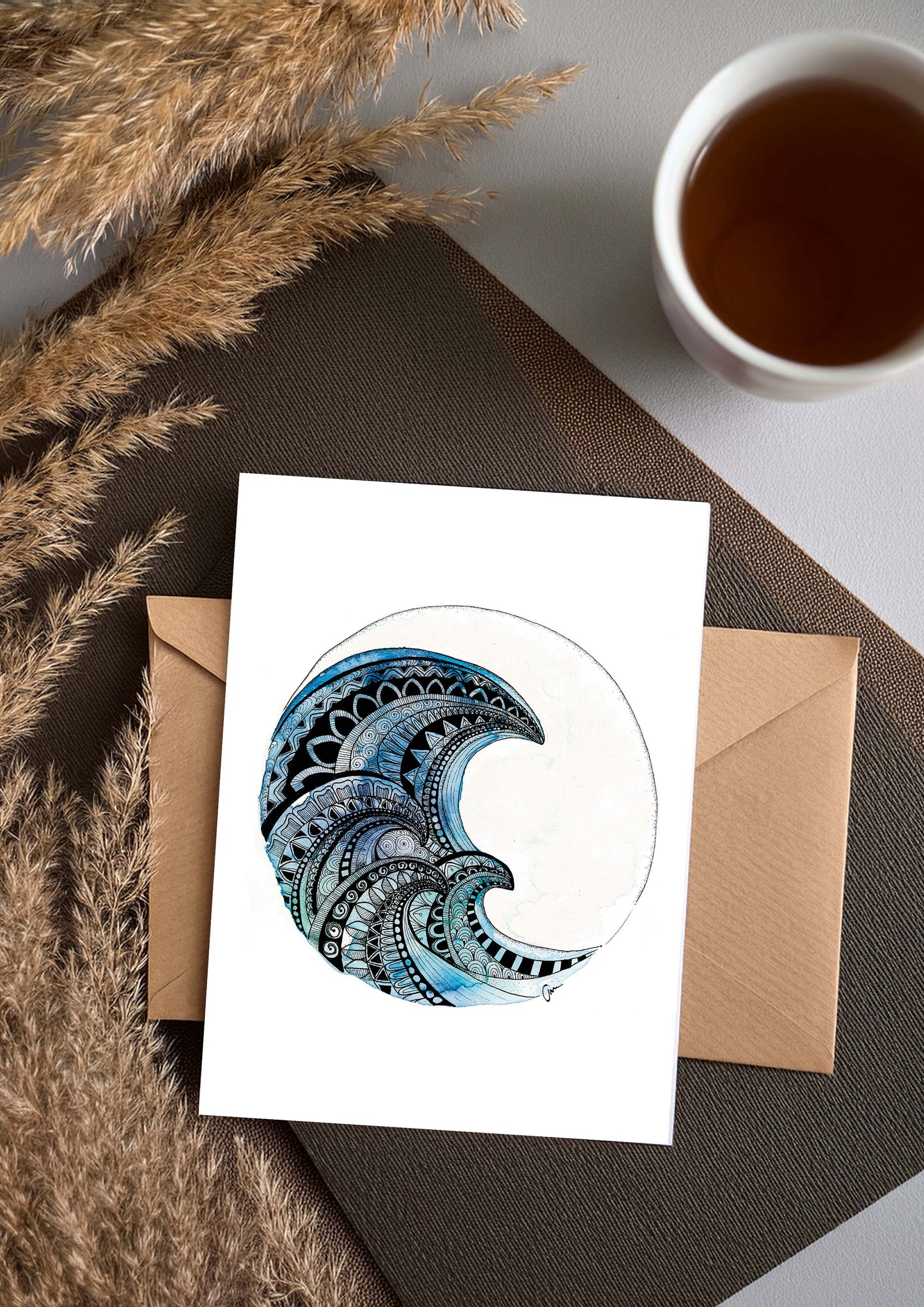 Wave Mandala Greeting Card – Watercolour & Ink Illustration