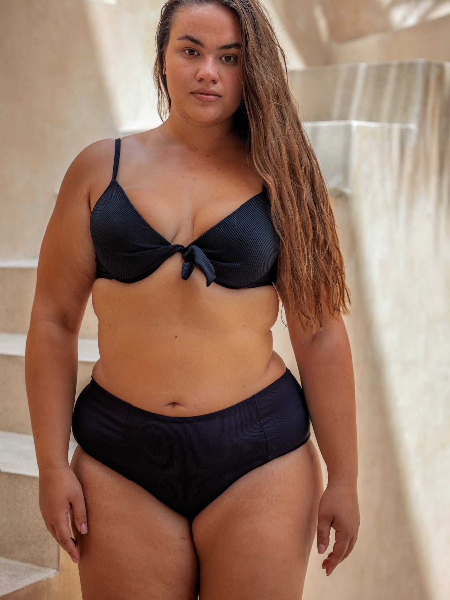 Underwire Bra Bikini Top –– Black Ribbed Textured Sustainable Bikini