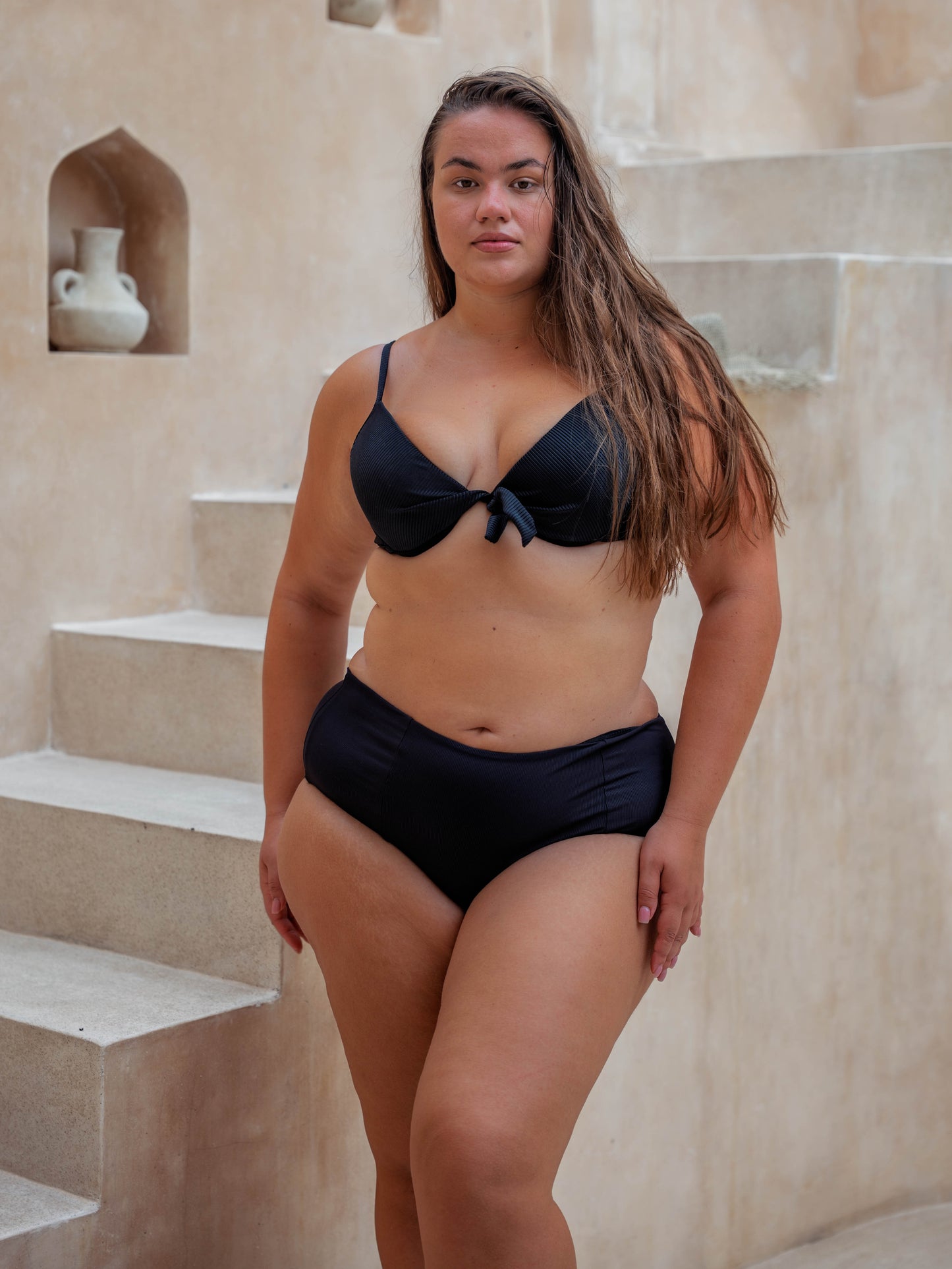 Underwire Bra Bikini Top –– Black Ribbed Textured Sustainable Bikini