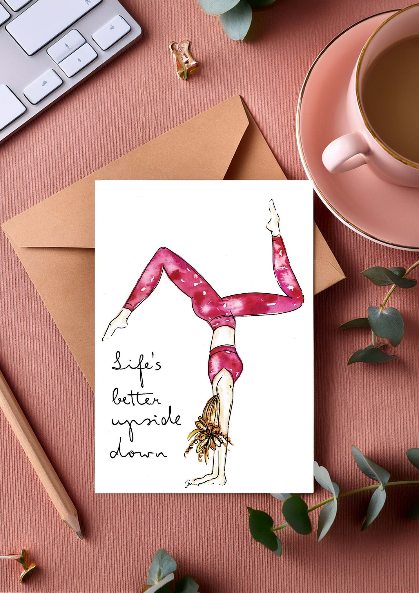 Handstand Greeting Card -Yoga Girl Watercolour Illustration with quote - Adho Mukha Vrksasana