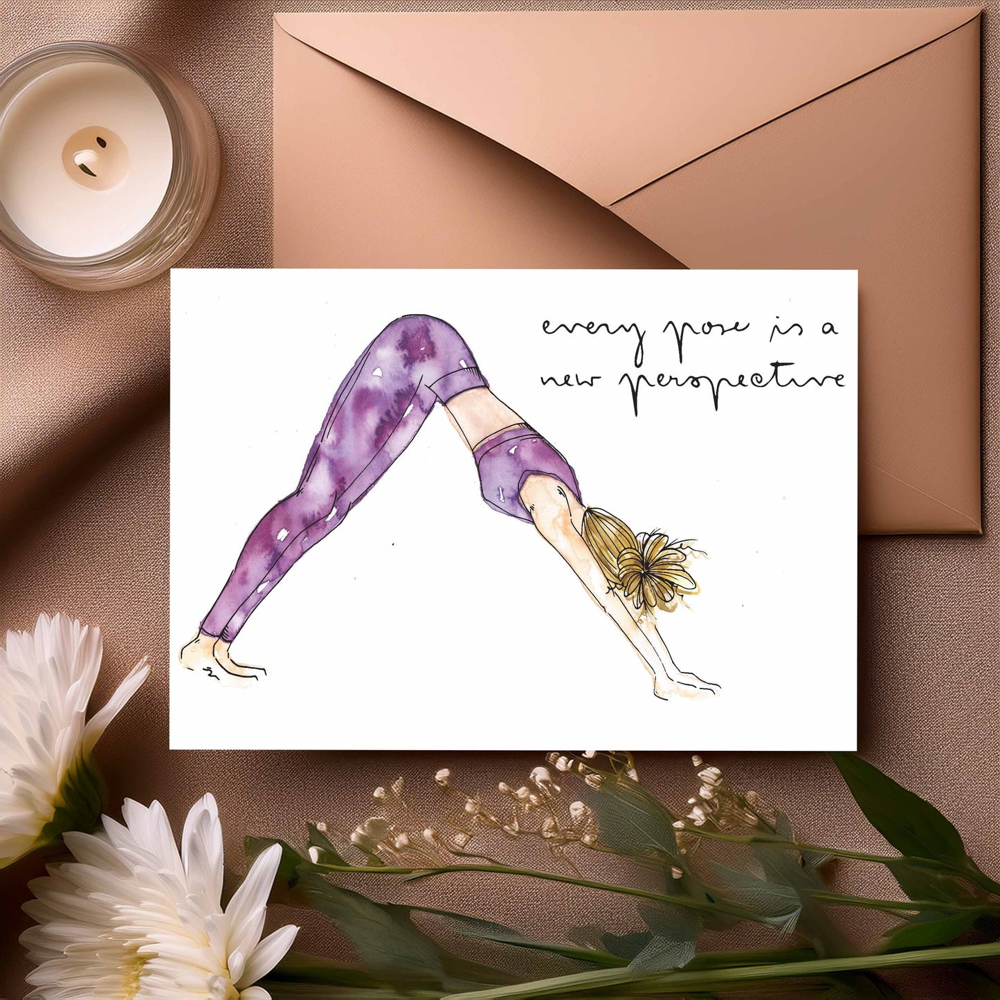 Downward Dog Greeting Card – Adho Mukha Svanasana -Yoga Girl Watercolour Illustration with quote