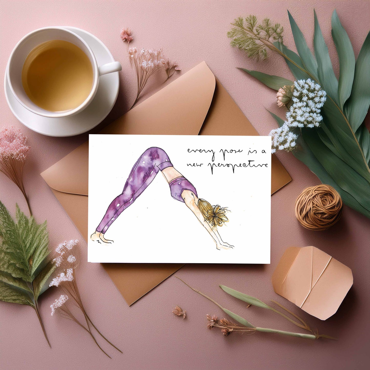 Downward Dog Greeting Card – Adho Mukha Svanasana -Yoga Girl Watercolour Illustration with quote