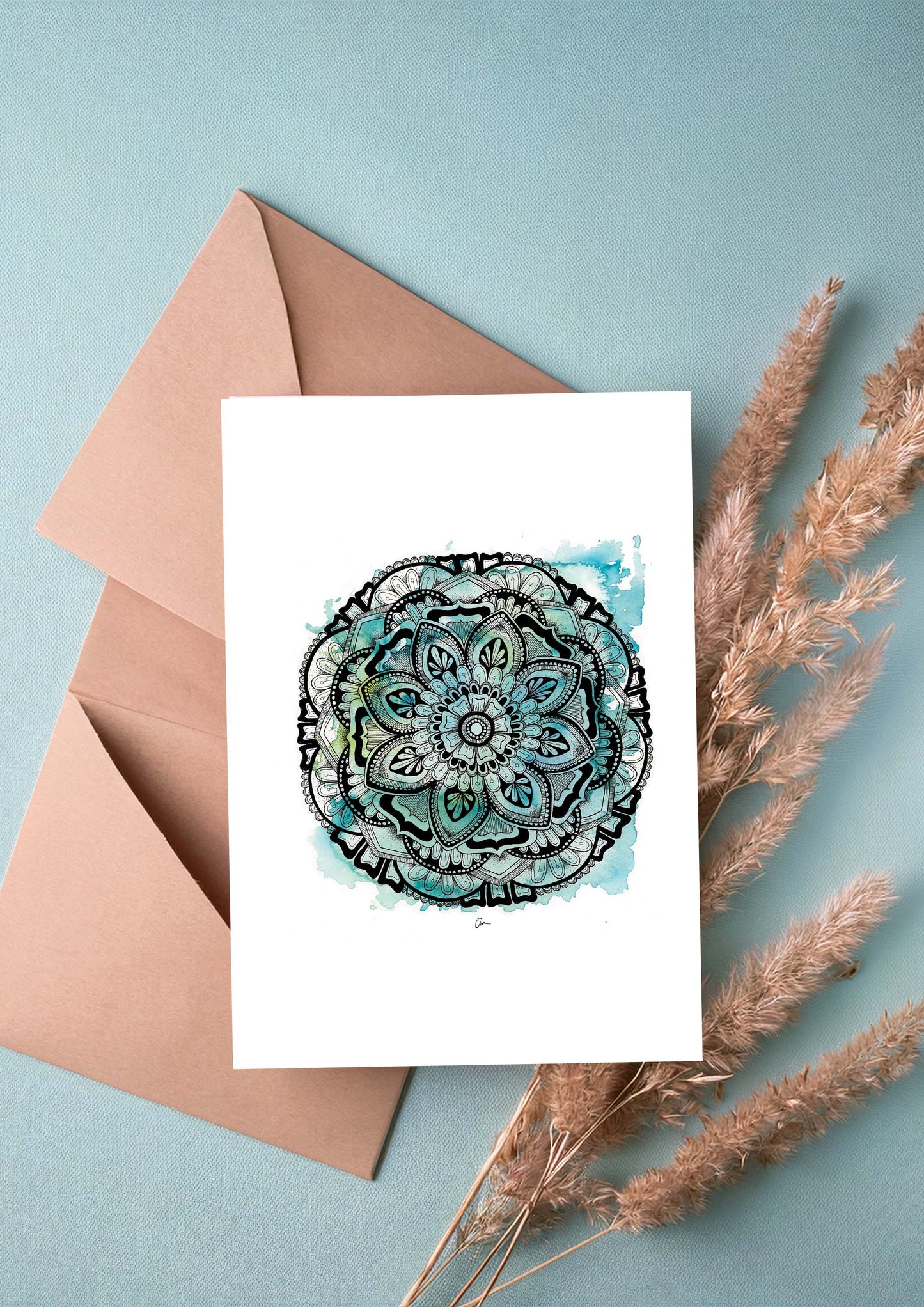 Blue / Green Mandala Greeting Card – Winter Watercolour with Geometric Drawing