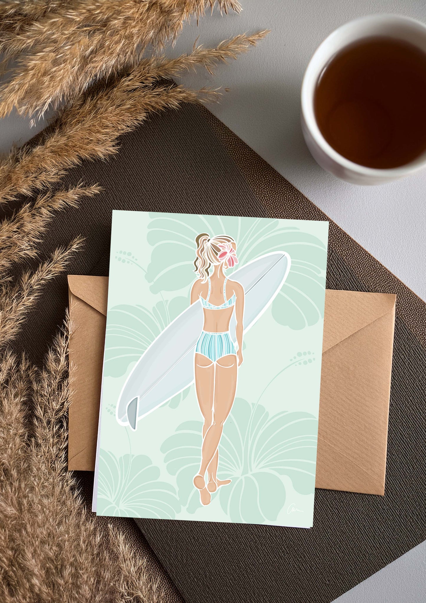 Surfer Girl Greeting Card – Tropical Hibiscus Surfer Chick Illustration