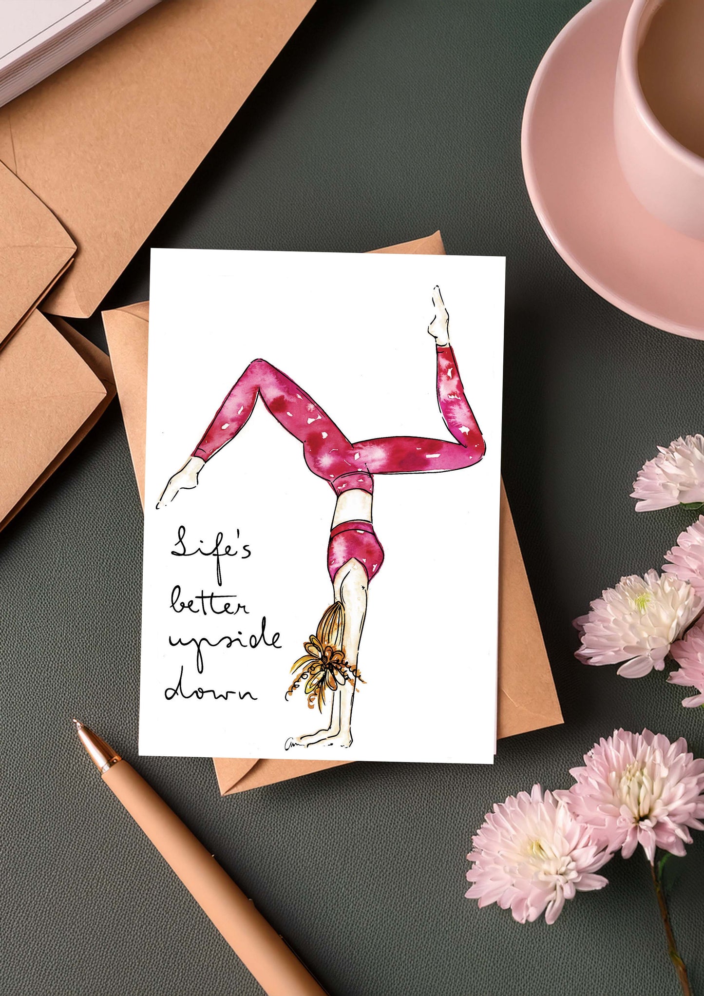 Handstand Greeting Card -Yoga Girl Watercolour Illustration with quote - Adho Mukha Vrksasana