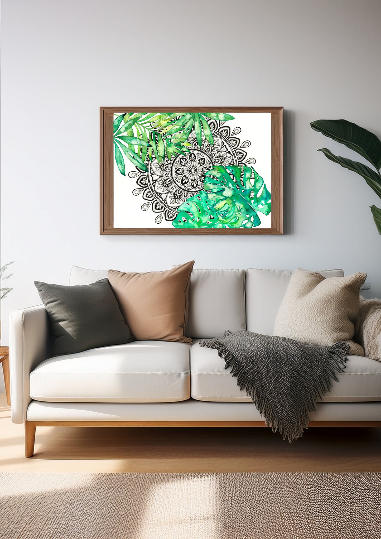 Mandala Art Print – Black and White Mandala with Monsterra Botanical Watercolour