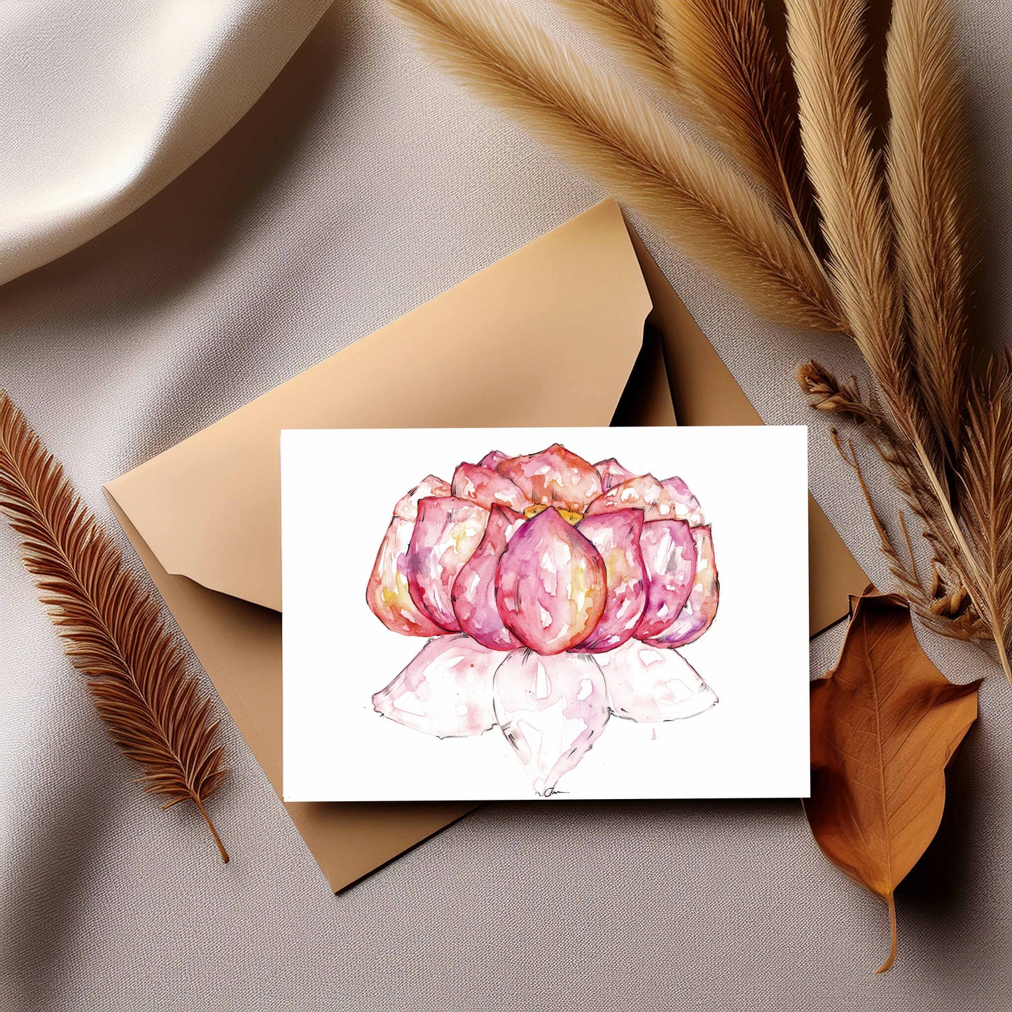 Lotus Flower Greeting Card – Watercolour & Ink Illustration