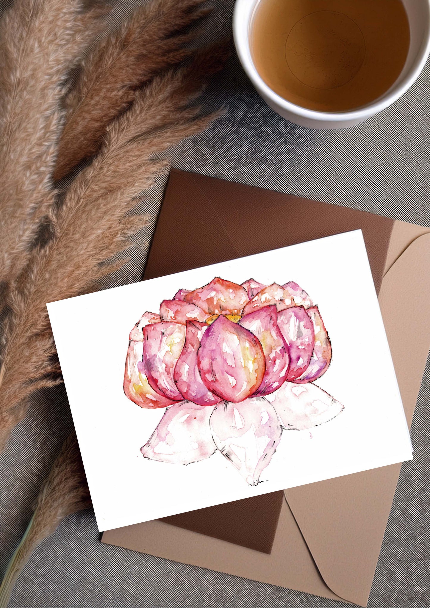 Lotus Flower Greeting Card – Watercolour & Ink Illustration