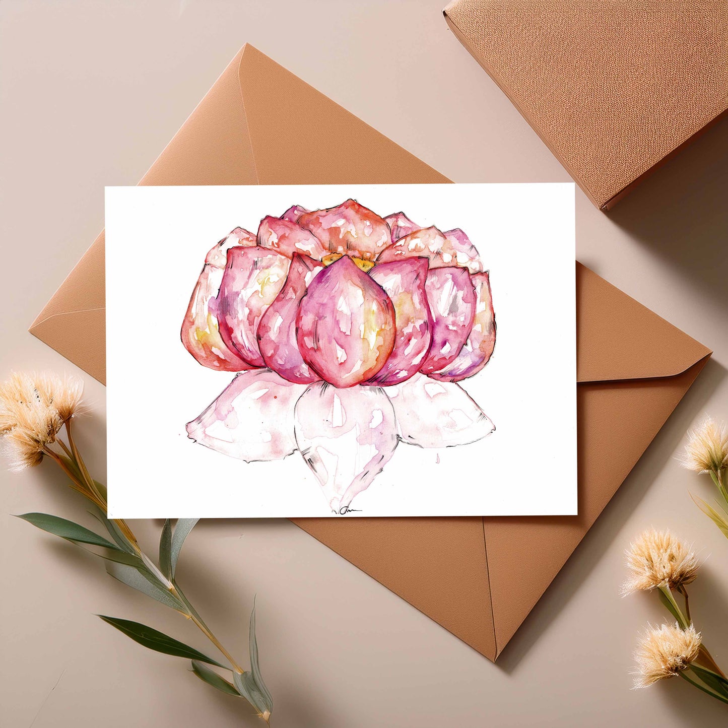 Lotus Flower Greeting Card – Watercolour & Ink Illustration