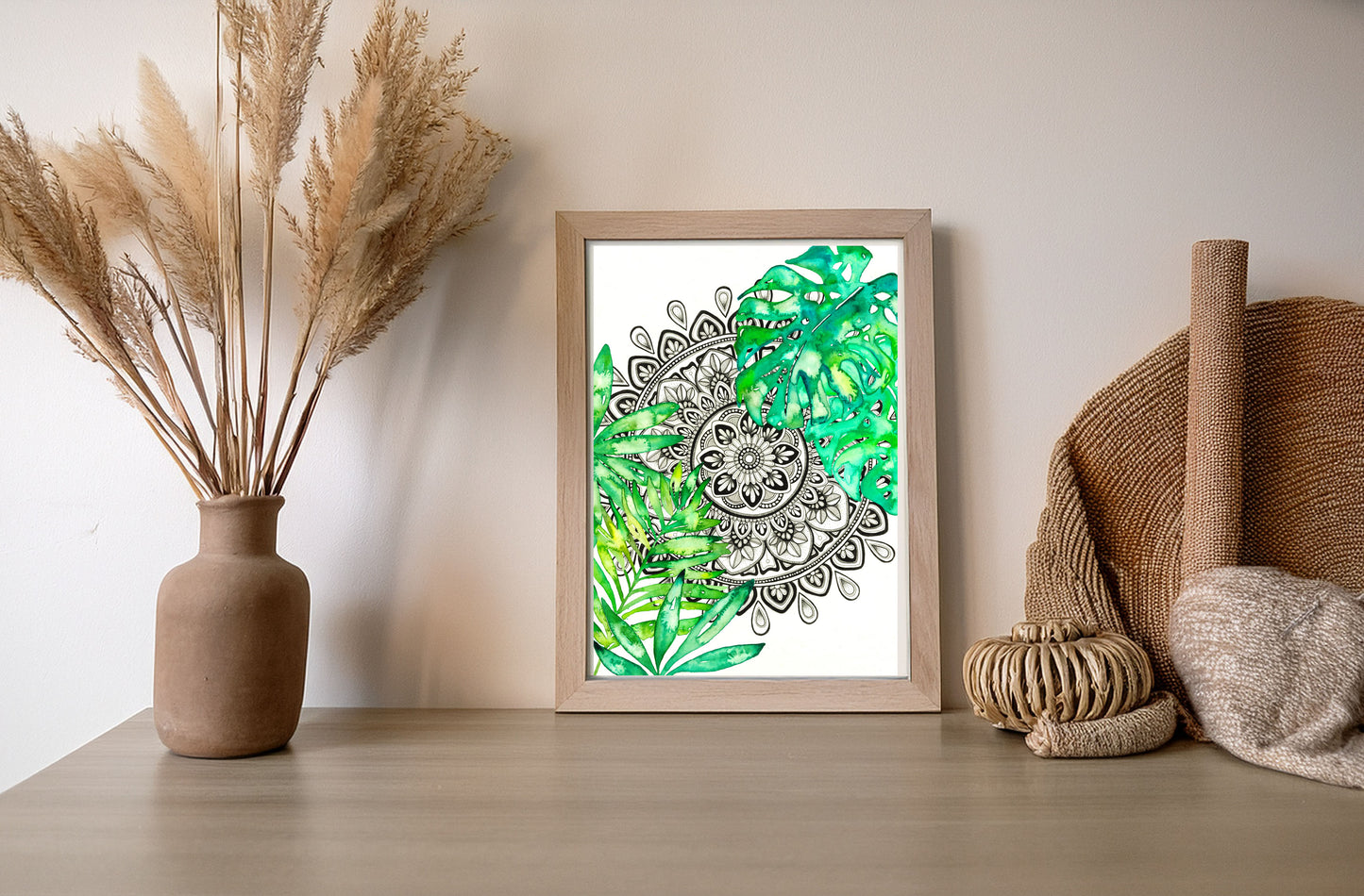 Mandala Art Print – Black and White Mandala with Monsterra Botanical Watercolour