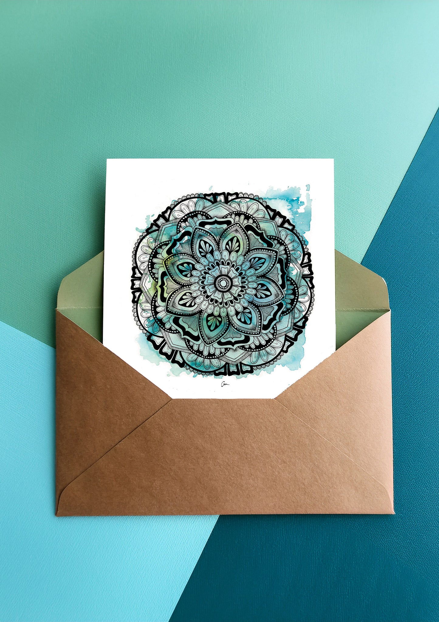 Blue / Green Mandala Greeting Card – Winter Watercolour with Geometric Drawing