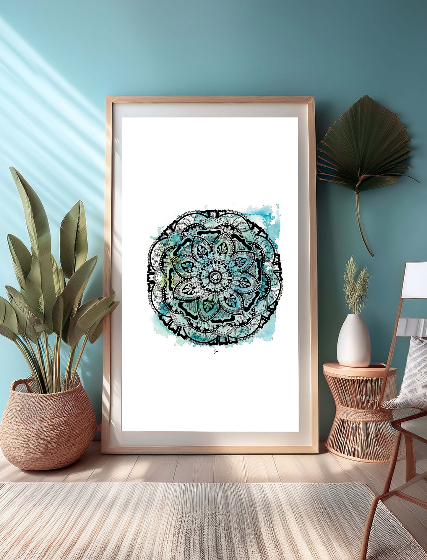 Watercolour Mandala Print - Blue Green Wall Artwork