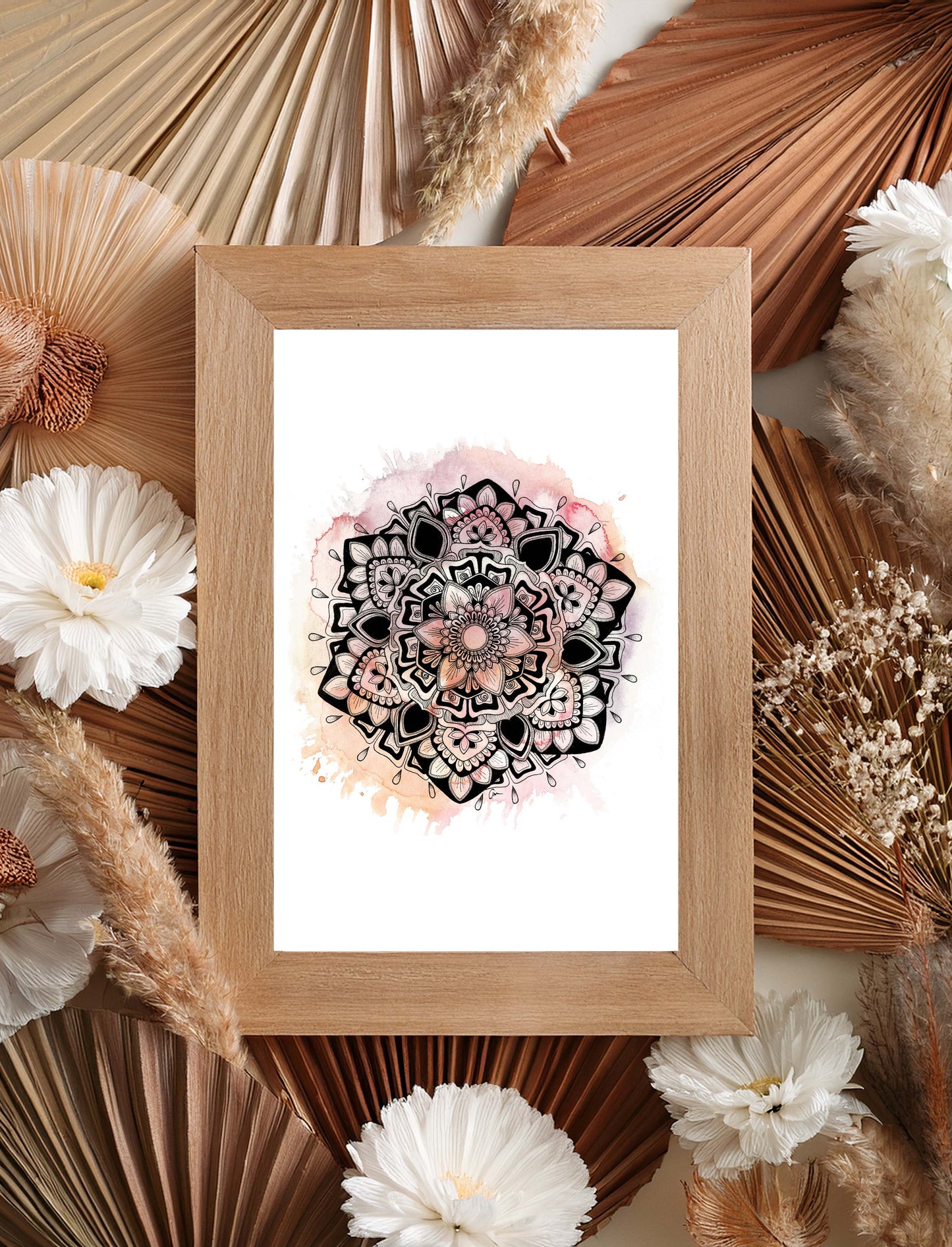 Pink Mandala Art Print – Ink Drawing with Watercolour Background