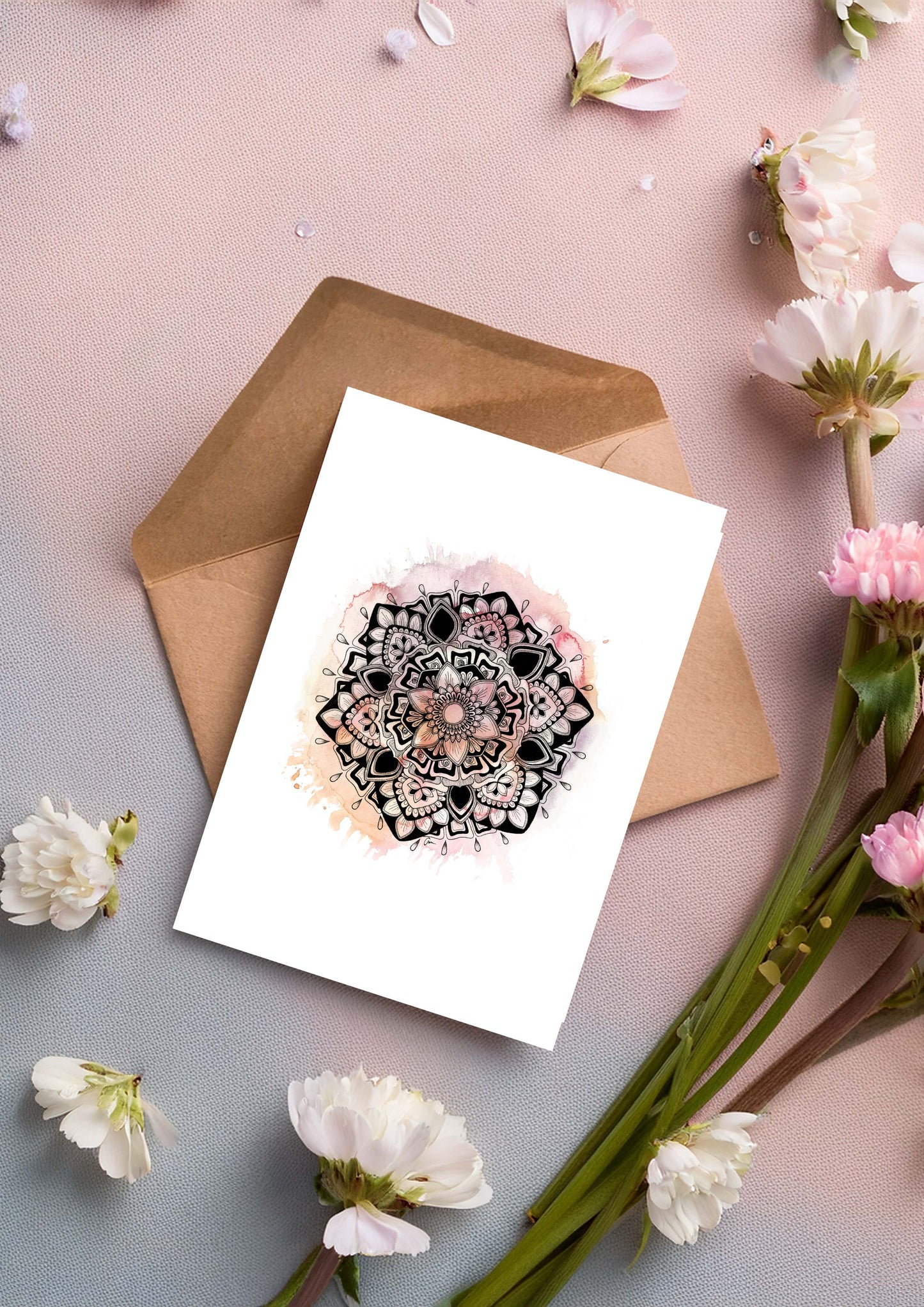 Pink Mandala Greeting Card – Pastel Watercolour with Geometric Drawing