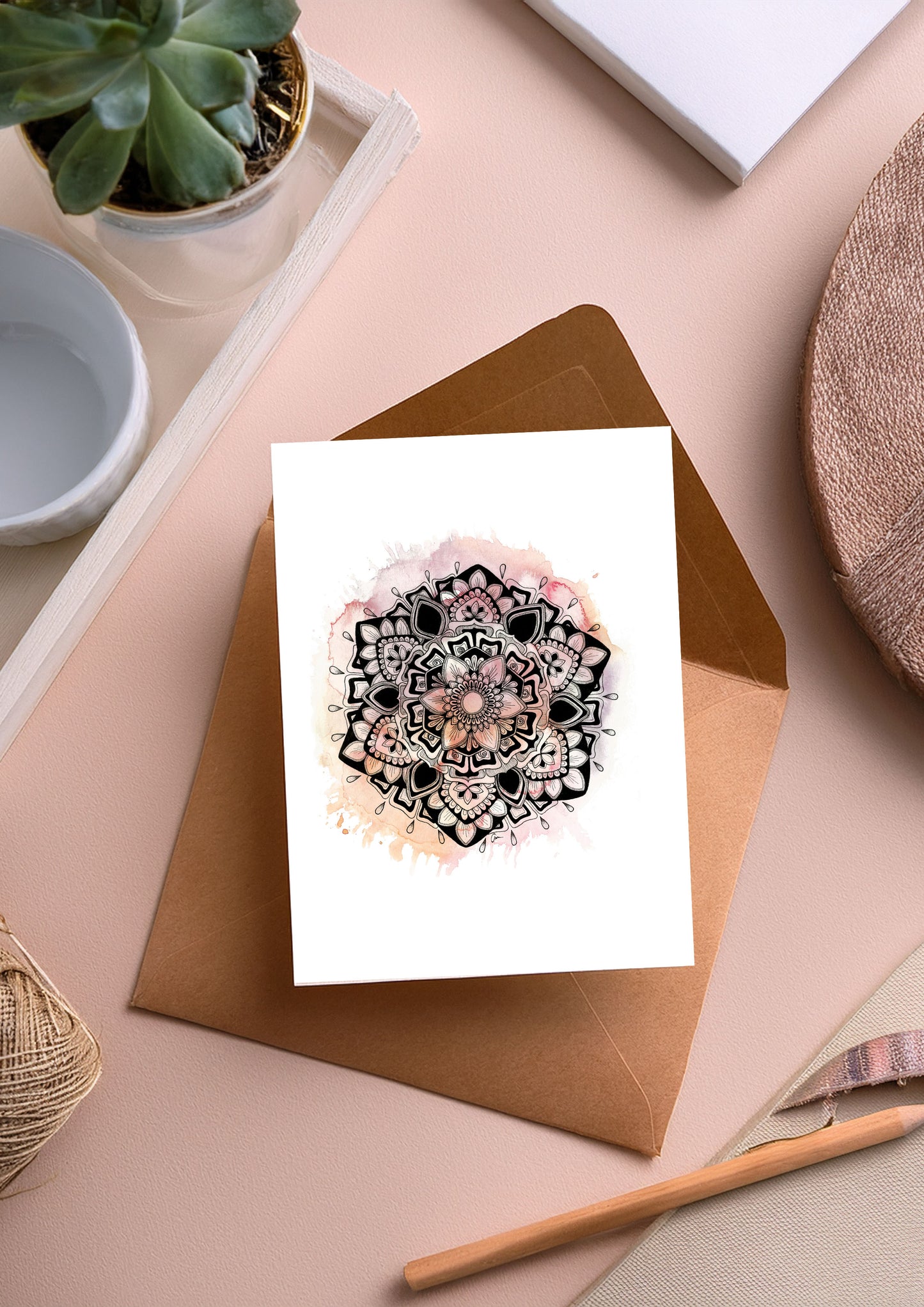 Pink Mandala Greeting Card – Pastel Watercolour with Geometric Drawing