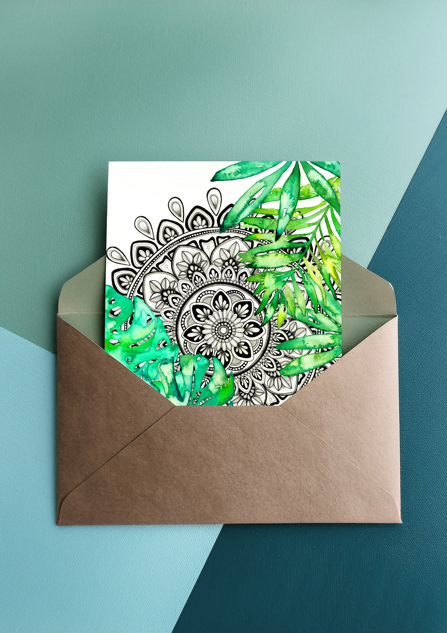 Monstera watercolour with Black and White Mandala Greeting Card