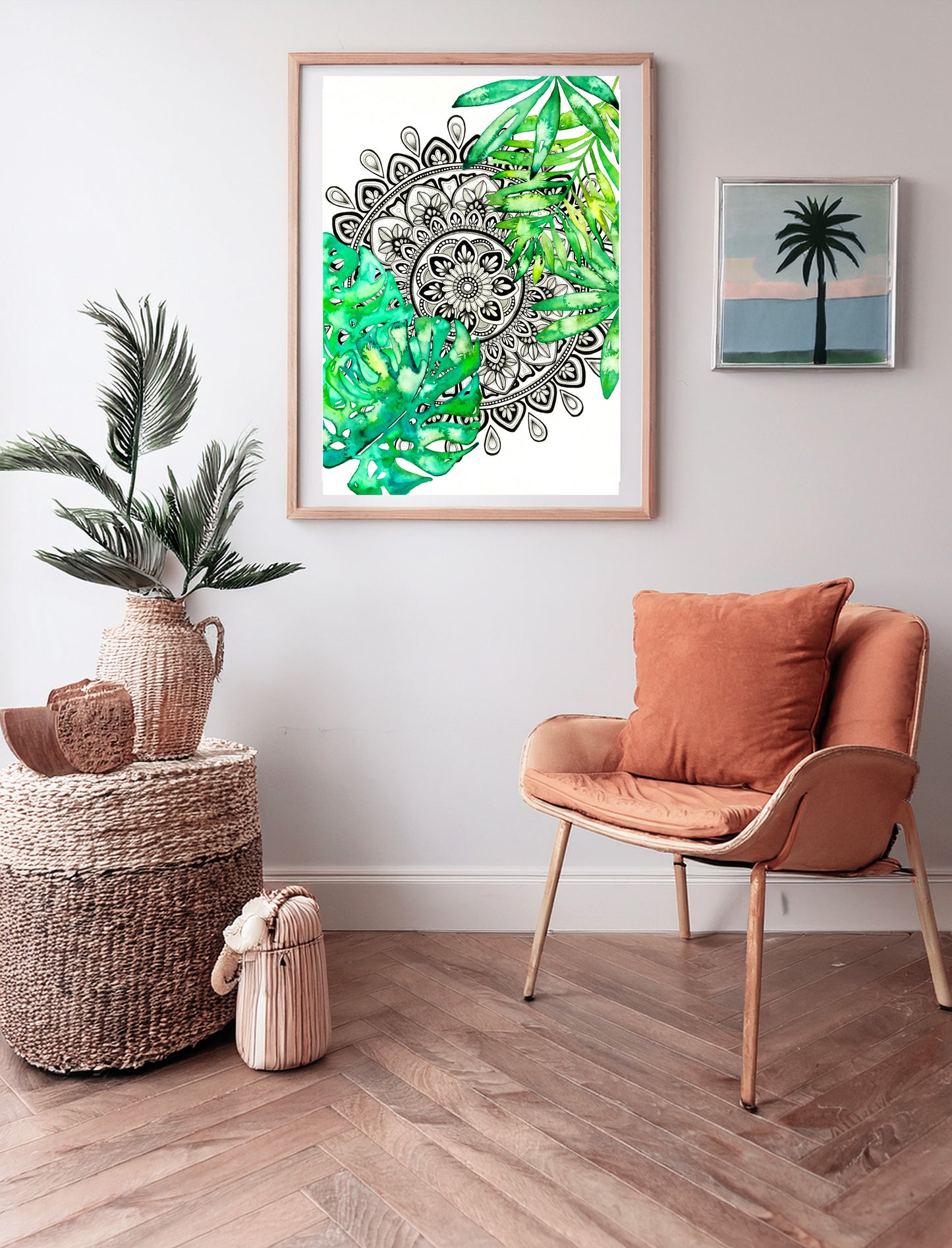 Mandala Art Print – Black and White Mandala with Monsterra Botanical Watercolour
