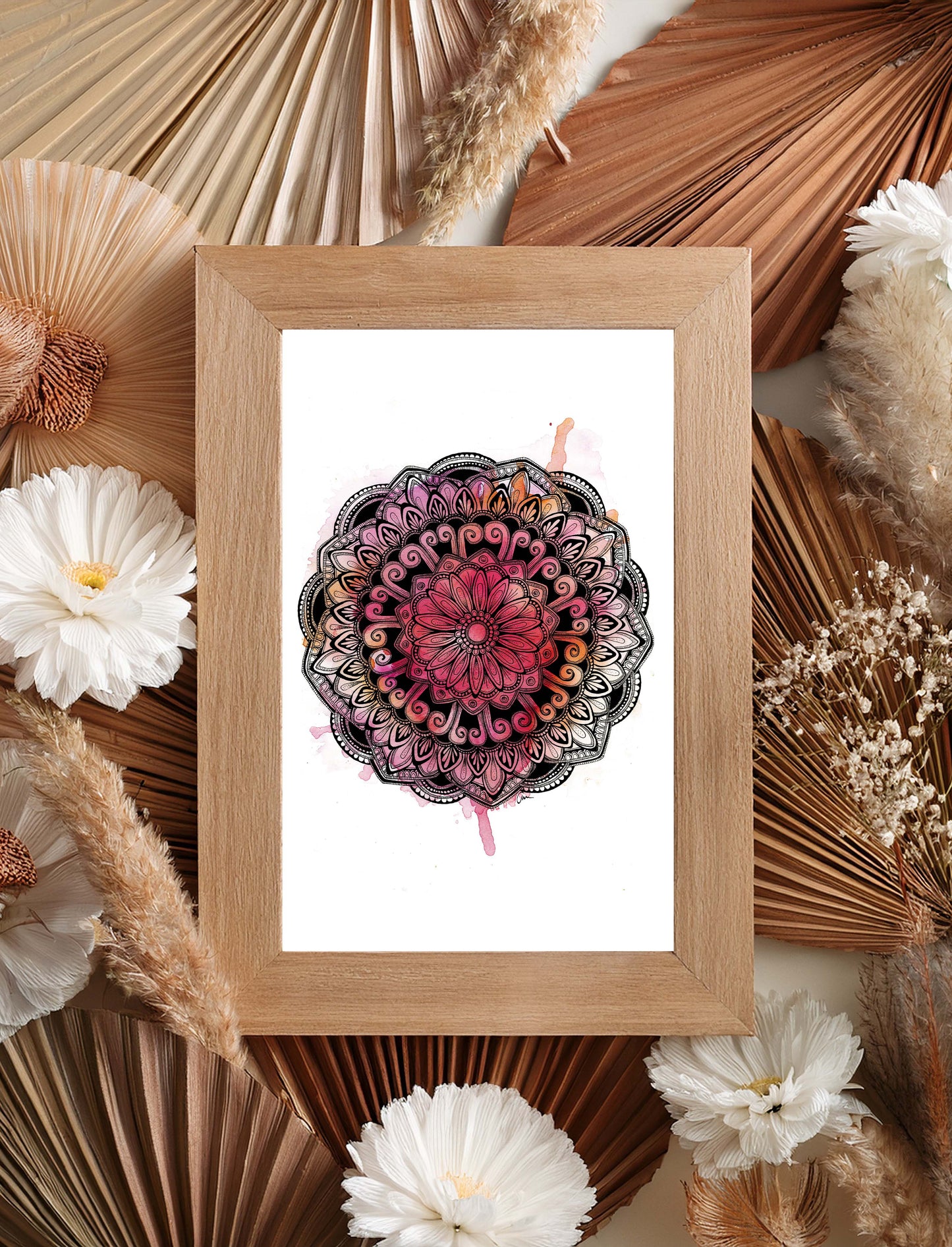 Mandala Art Print – Ink Drawing with Pink Watercolour Background