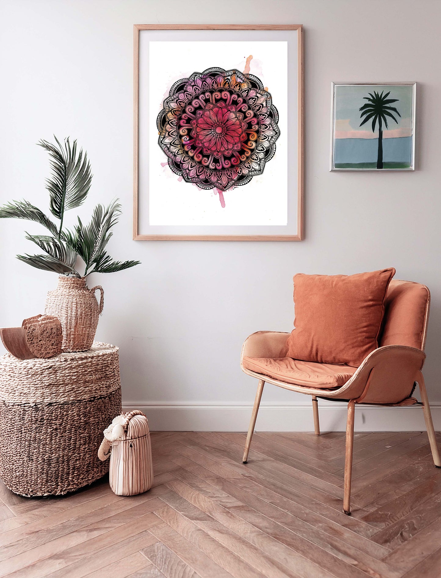 Mandala Art Print – Ink Drawing with Pink Watercolour Background