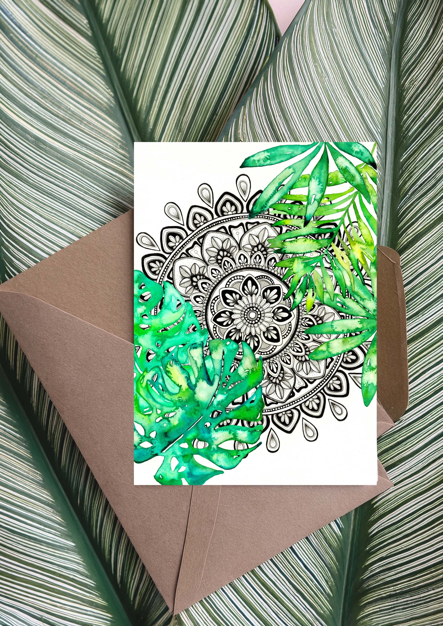 Monstera watercolour with Black and White Mandala Greeting Card