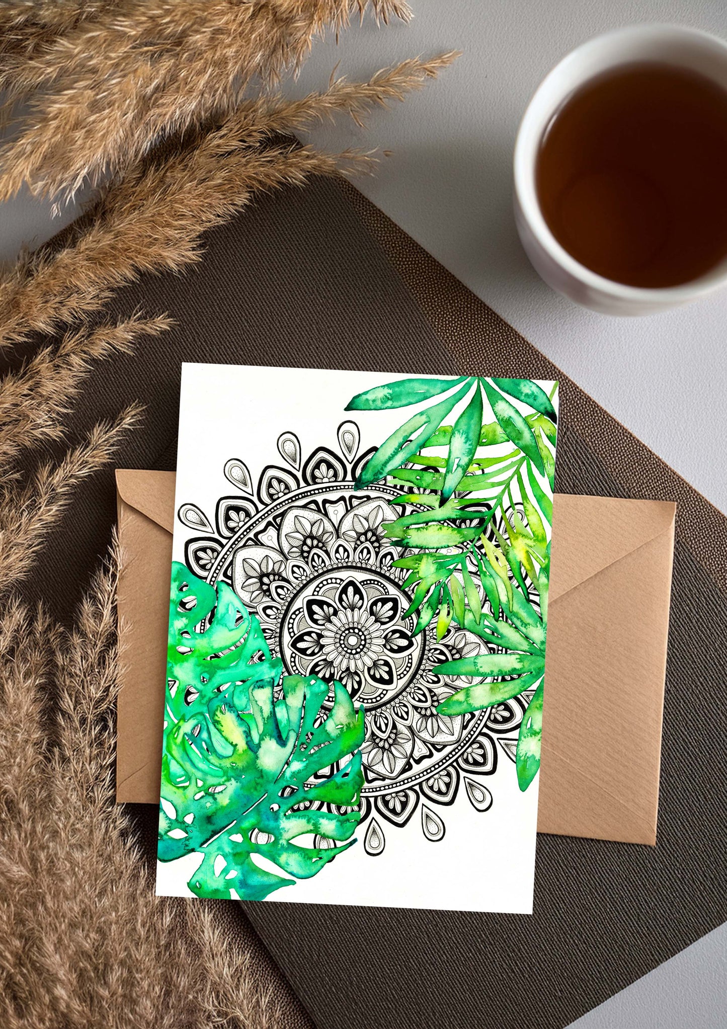Monstera watercolour with Black and White Mandala Greeting Card