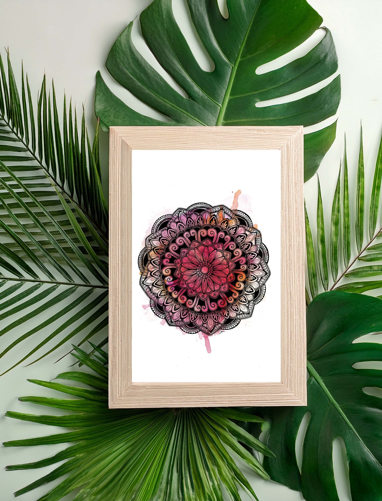 Mandala Art Print – Ink Drawing with Pink Watercolour Background