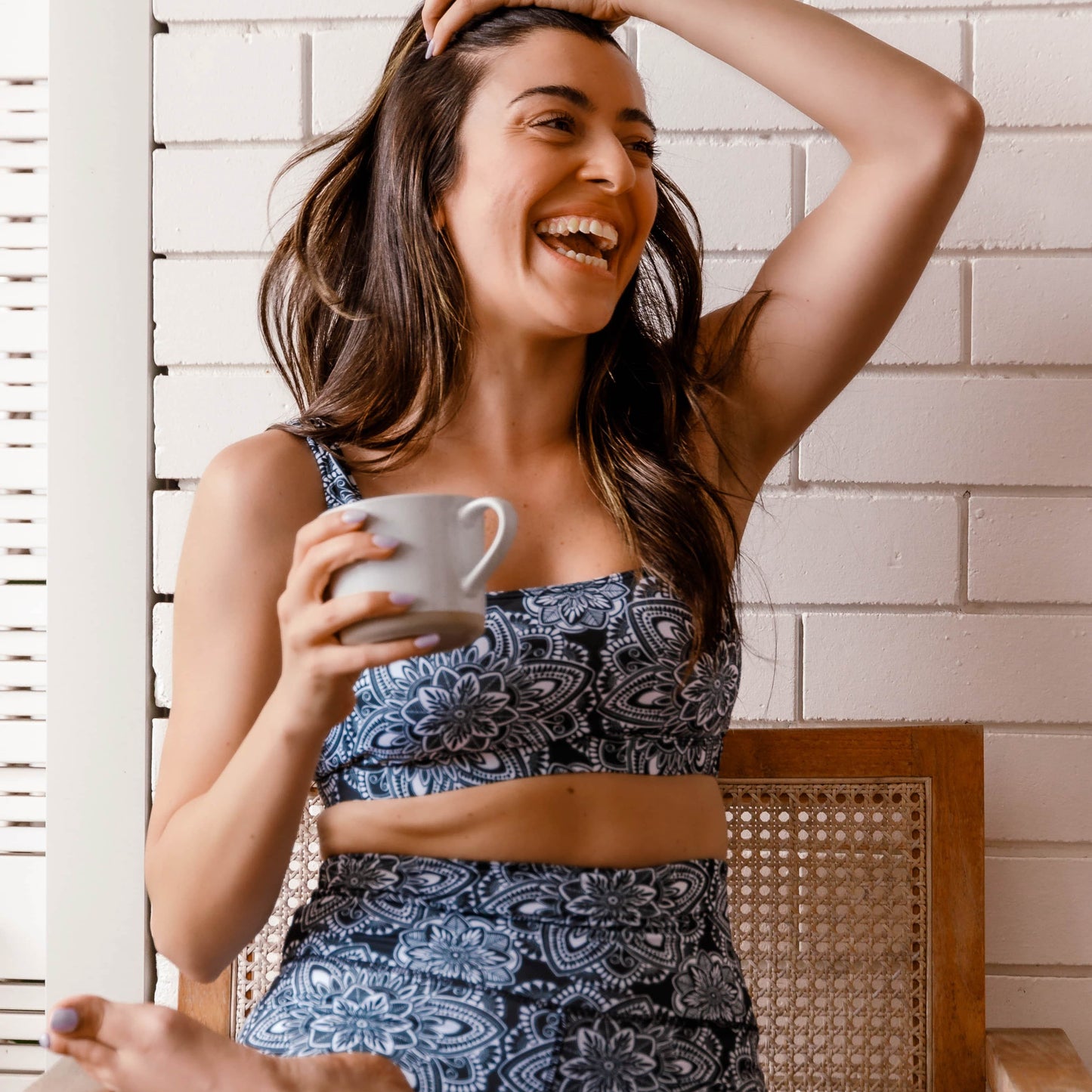 Crop Top Patterned Surf Bikini - Black and White Mandala