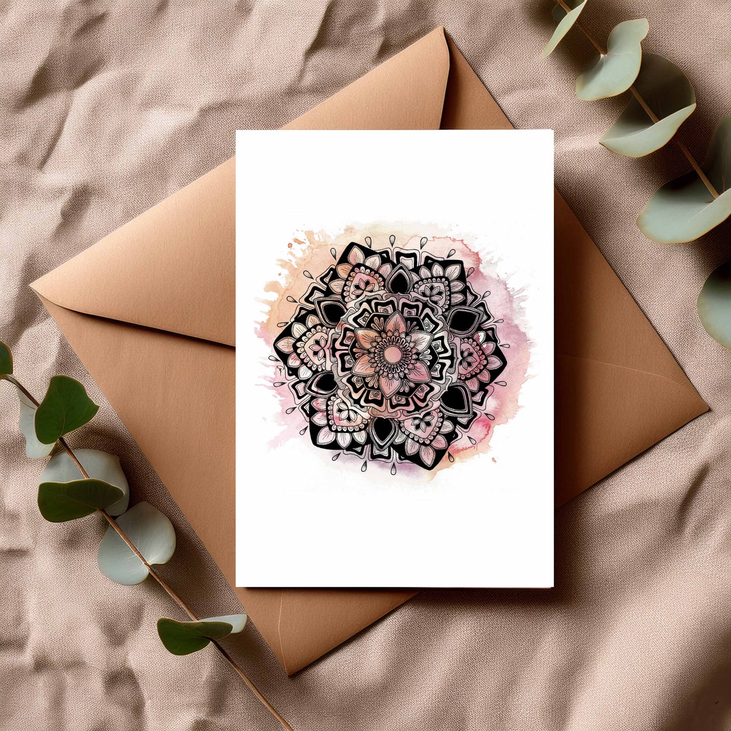 Pink Mandala Greeting Card – Pastel Watercolour with Geometric Drawing