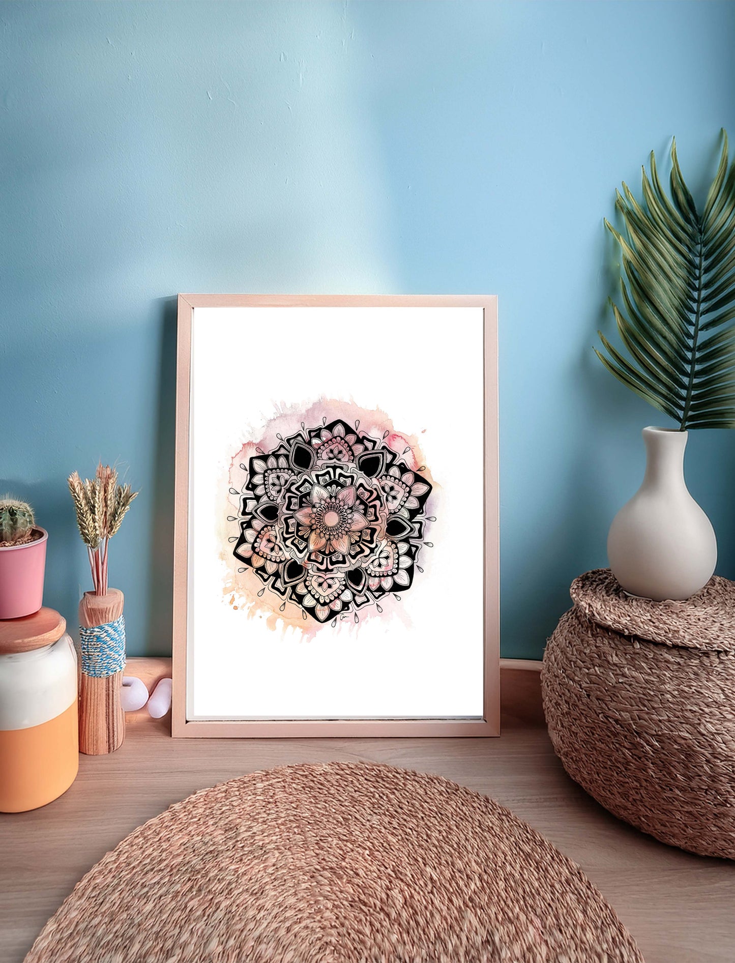 Pink Mandala Art Print – Ink Drawing with Watercolour Background