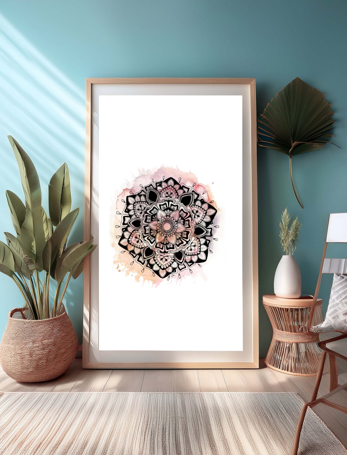 Pink Mandala Art Print – Ink Drawing with Watercolour Background