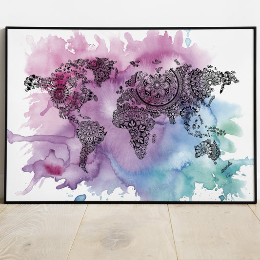 World Map Mandala - Watercolour Splash