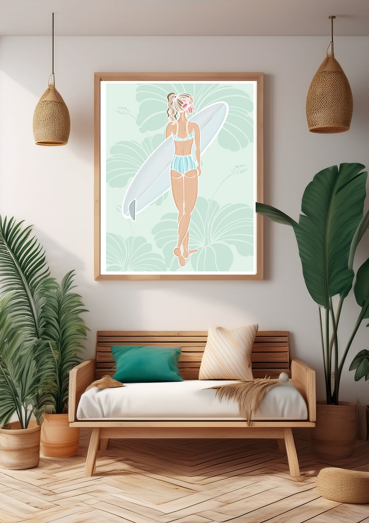 Hibiscus Surfer Girl – Hand-Drawn Art Illustration Print