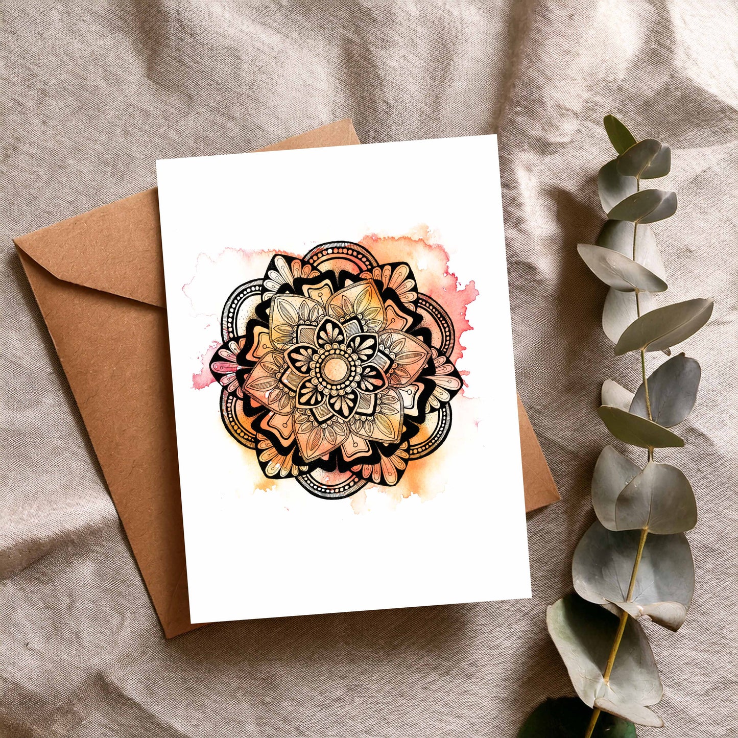 Summer Mandala Greeting Card – Pink and Orage Watercolour with Geometric Ink Drawing