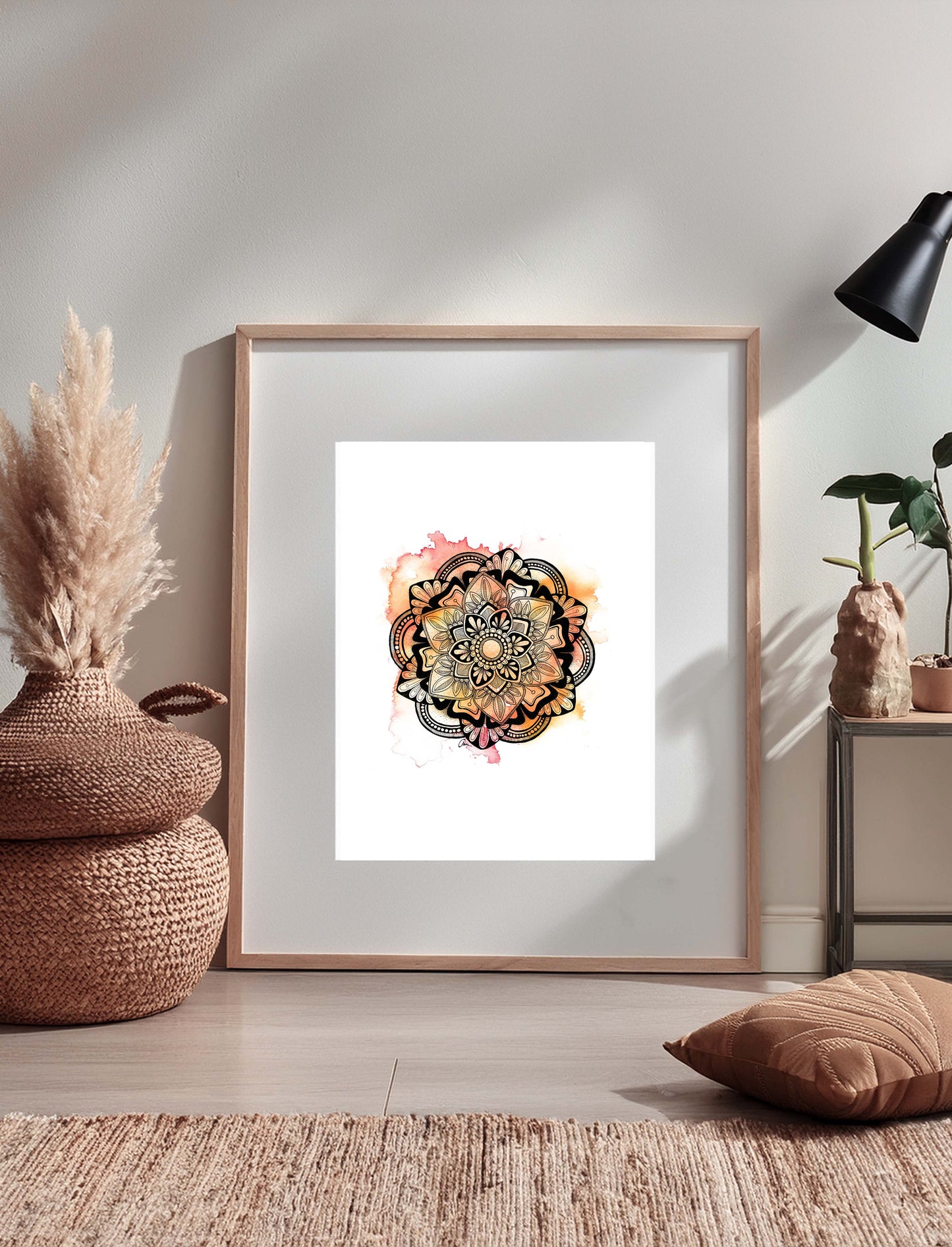 Summer Mandala Wall Art – Pink and Orange Watercolour Print with Geometric Ink Drawing