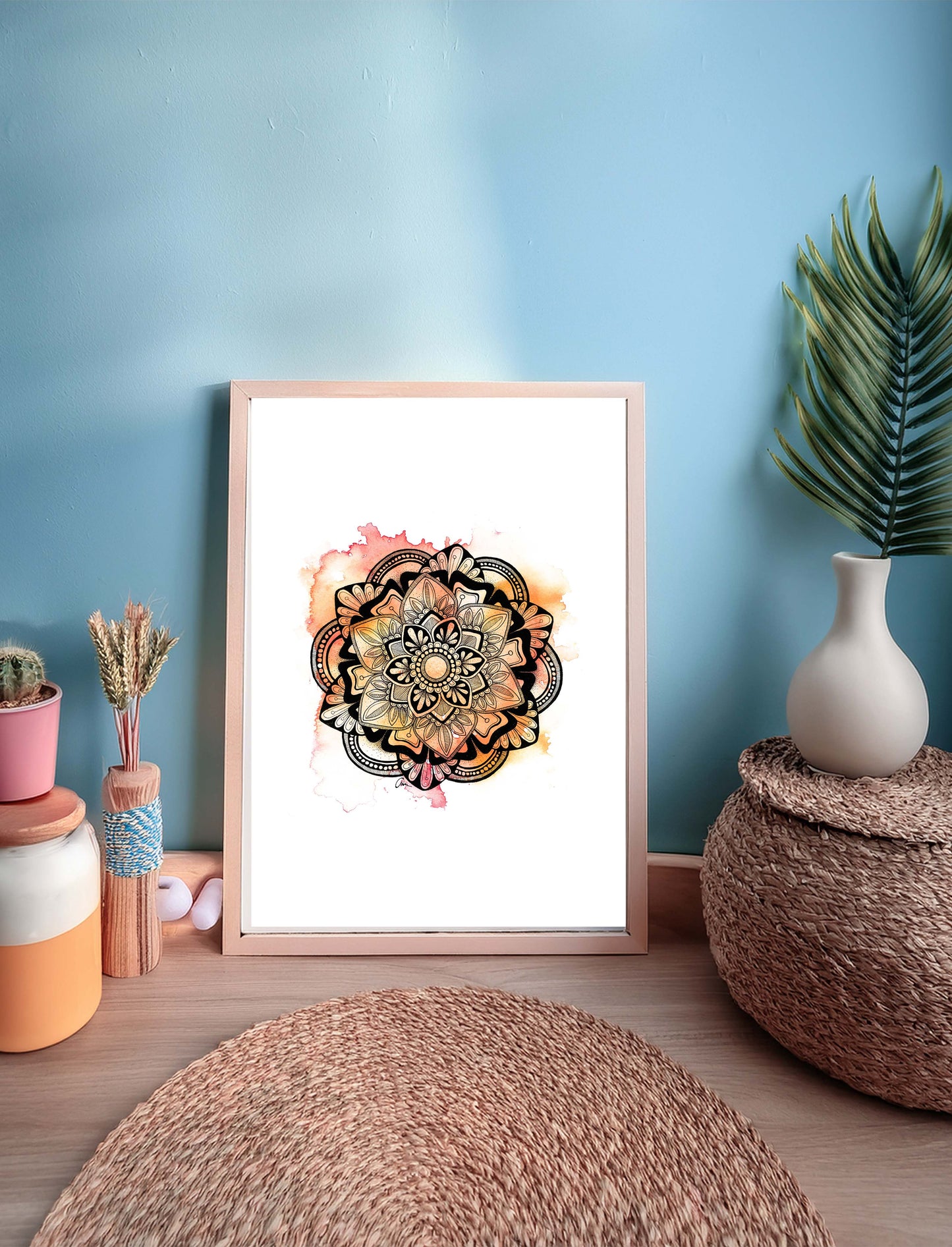 Summer Mandala Wall Art – Pink and Orange Watercolour Print with Geometric Ink Drawing