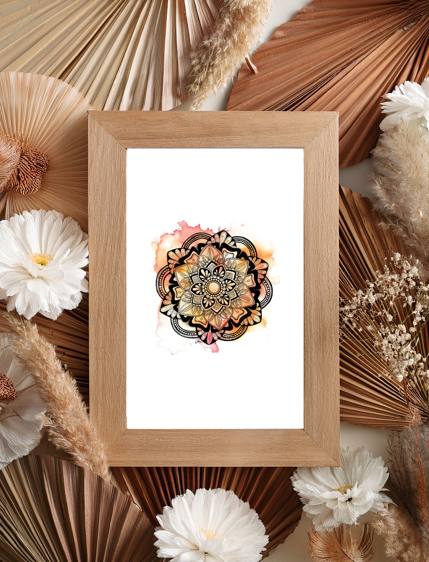 Summer Mandala Wall Art – Pink and Orange Watercolour Print with Geometric Ink Drawing
