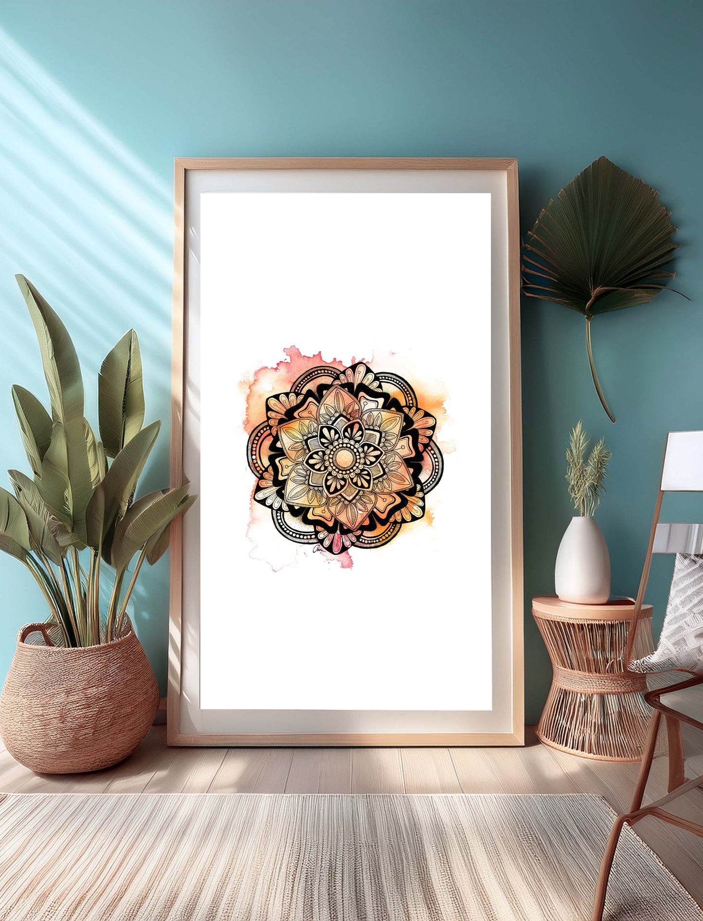 Summer Mandala Wall Art – Pink and Orange Watercolour Print with Geometric Ink Drawing