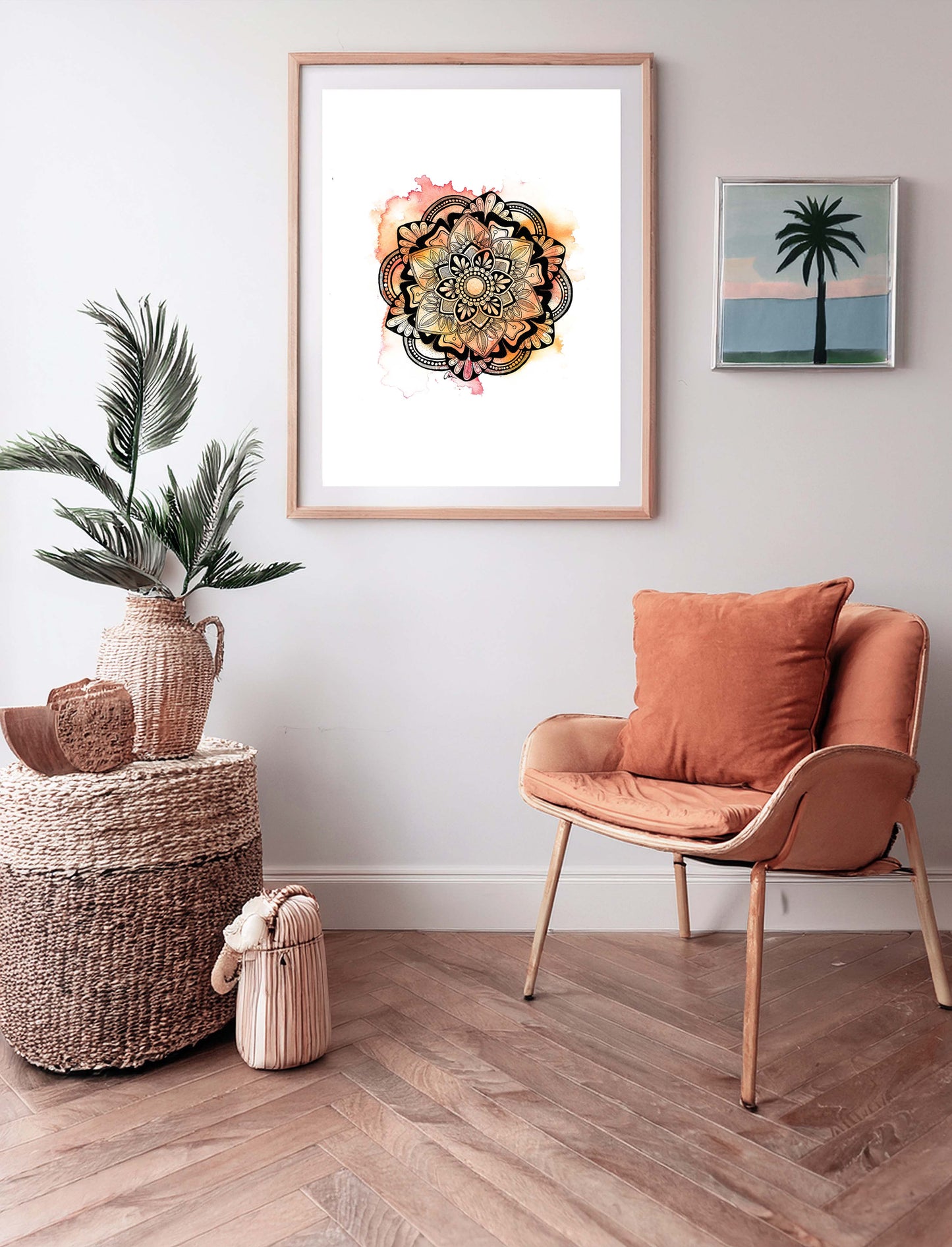 Summer Mandala Wall Art – Pink and Orange Watercolour Print with Geometric Ink Drawing
